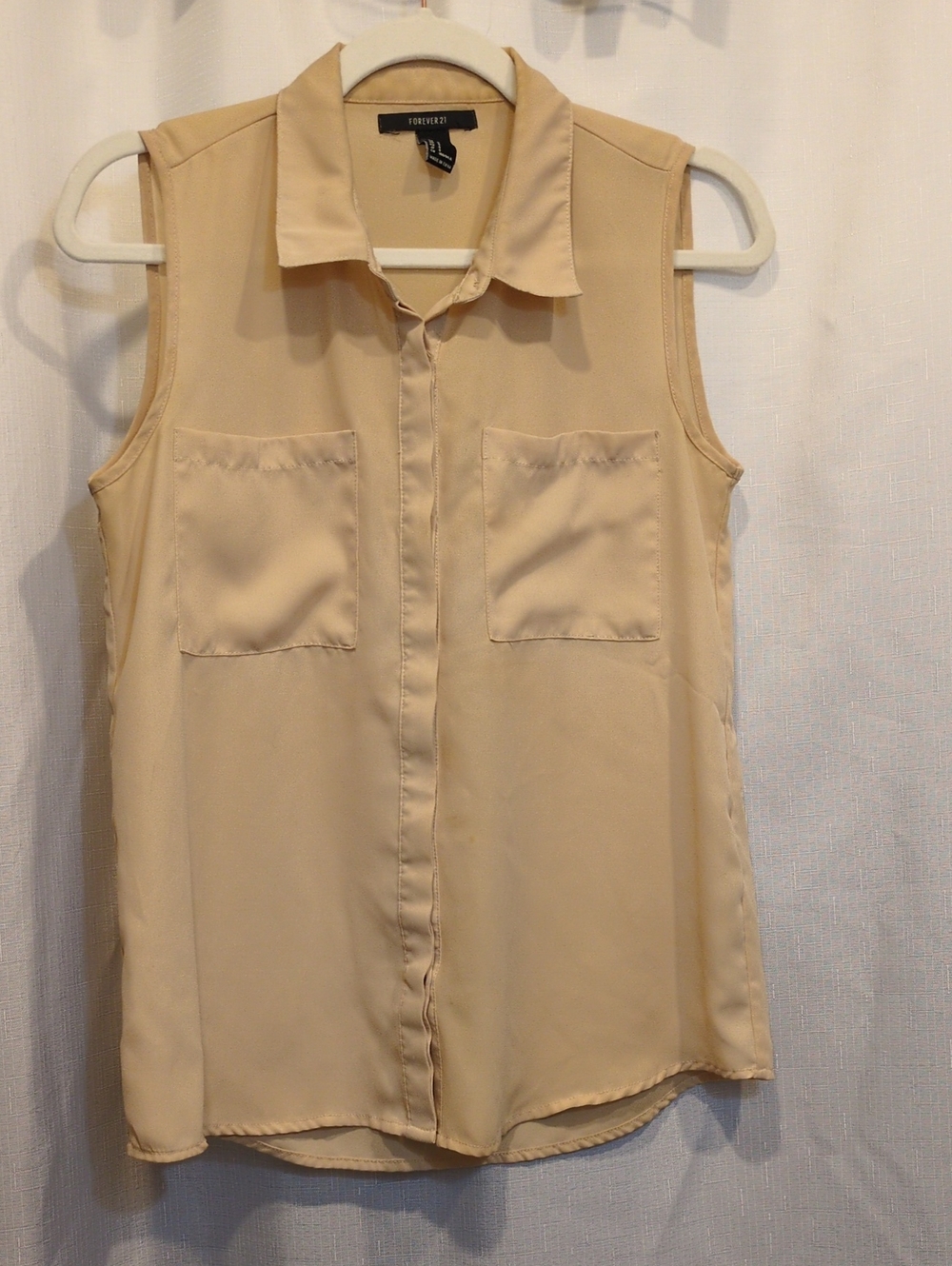 Forever 21 Beige Sleeveless Collared Button-Front Blouse
